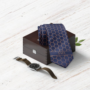 Modern Navy Blue Rose Gold Foil Geometric Monogram Krawatte