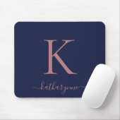 Modern Navy Blue Rose Gold Monogram Script Mousepad (Mit Mouse)