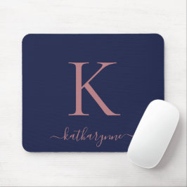 Modern Navy Blue Rose Gold Monogram Script Mousepad