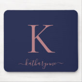 Modern Navy Blue Rose Gold Monogram Script Mousepad (Vorne)