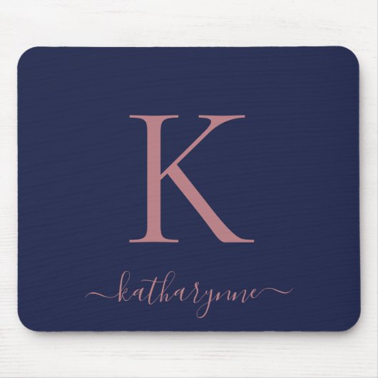 Modern Navy Blue Rose Gold Monogram Script Mousepad (Vorne)