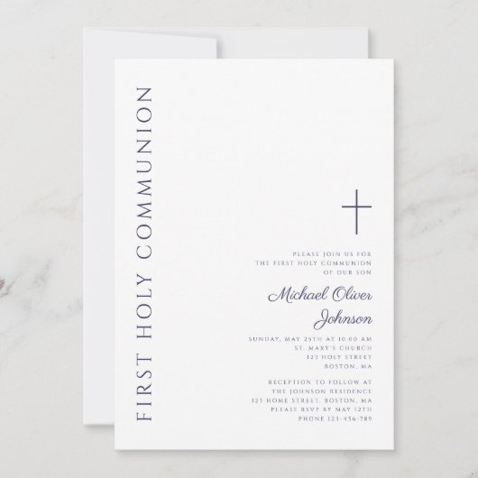 Modern Navy Blue Script Erste Heilige Kommune Einladung (Vorderseite)