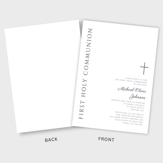 Modern Navy Blue Script Erste Heilige Kommune Einladung