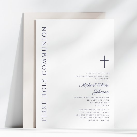 Modern Navy Blue Script Erste Heilige Kommune Einladung