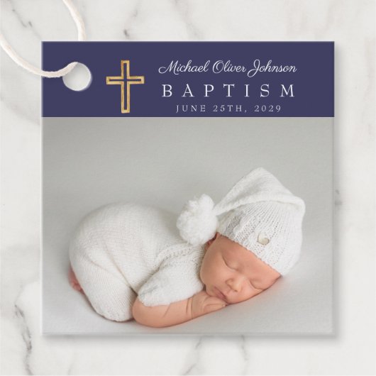 Modern Navy Blue Script Foto Taufe Vielen Dank Geschenkanhänger (Vorderseite)