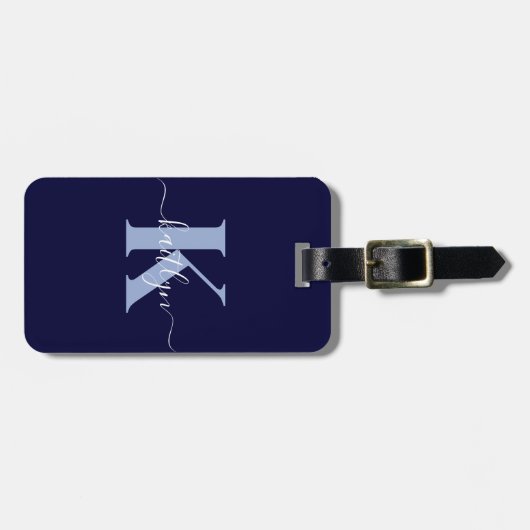Modern Navy Blue Script Monogram Gepäckanhänger (Vorderseite horizontal)