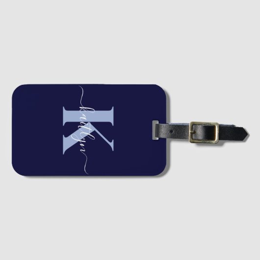 Modern Navy Blue Script Monogram Gepäckanhänger (Vorderseite (Horizontal))