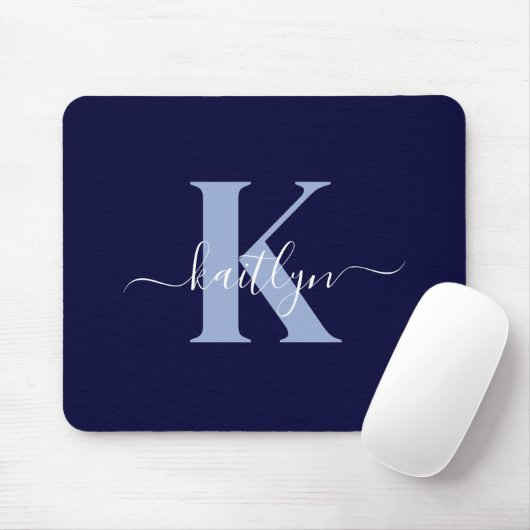 Modern Navy Blue Script Monogram Mousepad (Mit Mouse)