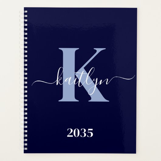 Modern Navy Blue Script Monogram Planer (Vorderseite)