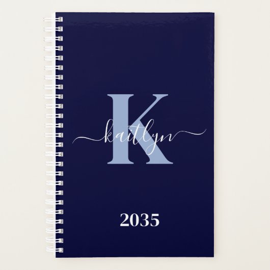 Modern Navy Blue Script Monogram Planer (Vorderseite)