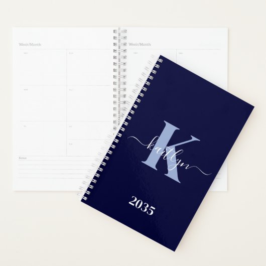 Modern Navy Blue Script Monogram Planer (Anzeige)