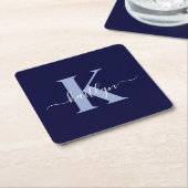 Modern Navy Blue Script Monogram Rechteckiger Pappuntersetzer (angewinkelt)