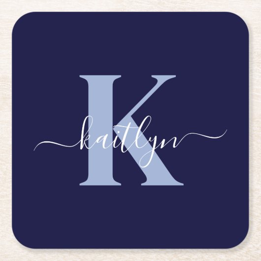 Modern Navy Blue Script Monogram Rechteckiger Pappuntersetzer (Vorderseite)