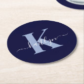 Modern Navy Blue Script Monogram Runder Pappuntersetzer (Angewinkelt)