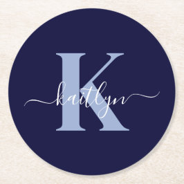 Modern Navy Blue Script Monogram Runder Pappuntersetzer