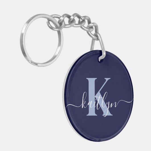 Modern Navy Blue Script Monogram Schlüsselanhänger (Vorderseite links)