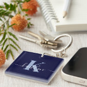 Modern Navy Blue Script Monogram Schlüsselanhänger (Vorderseite rechts)
