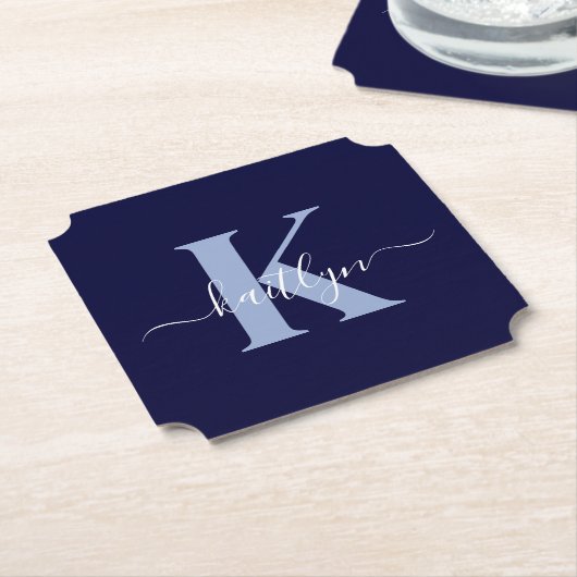 Modern Navy Blue Script Monogram Untersetzer (angewinkelt)