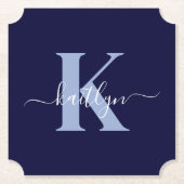 Modern Navy Blue Script Monogram Untersetzer (Vorderseite)