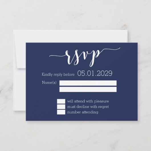 Modern Navy Blue Script Wedding RSVP Card (Vorderseite)