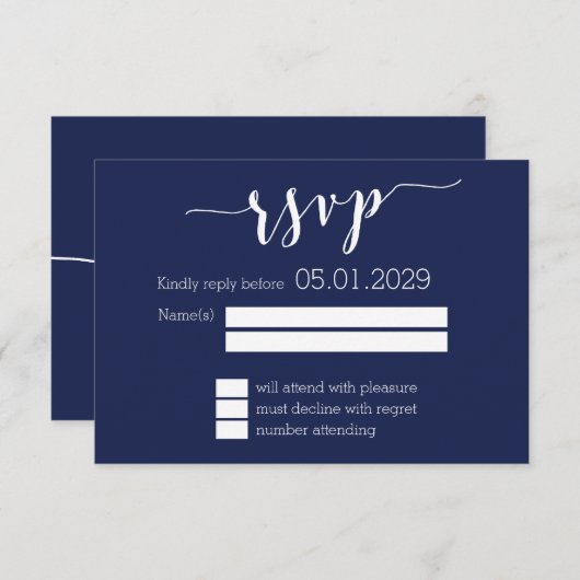 Modern Navy Blue Script Wedding RSVP Card (Vorne/Hinten)