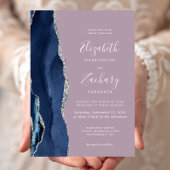 Modern Navy Blue Silver Agate Mauve Wedding Einladung