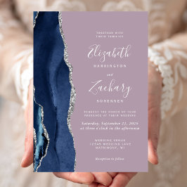 Modern Navy Blue Silver Agate Mauve Wedding Einladung