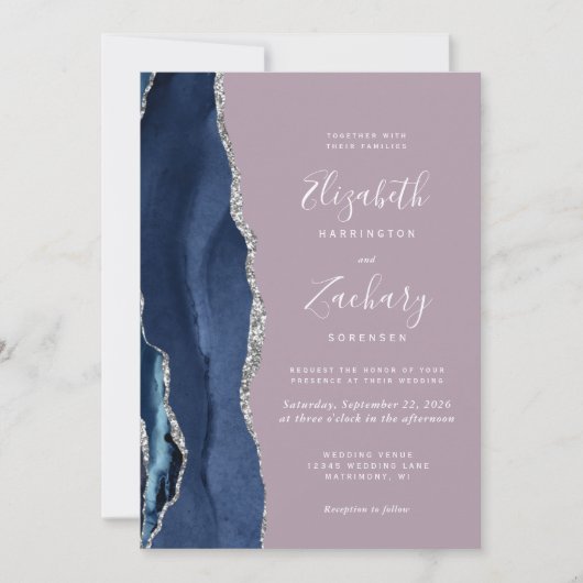 Modern Navy Blue Silver Agate Mauve Wedding Einladung (Vorderseite)