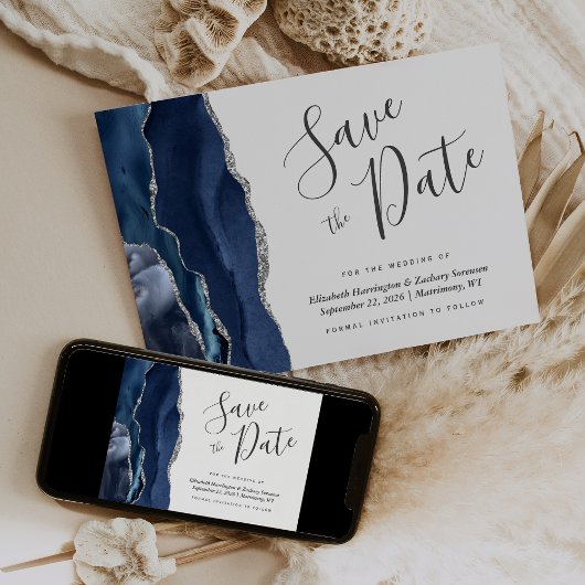Modern Navy Blue Silver Agate Save the Date Card Einladung