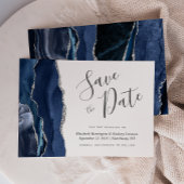Modern Navy Blue Silver Agate Save the Date Card Einladung