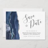 Modern Navy Blue Silver Agate Save the Date Card Einladung (Vorderseite)