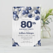 Modern Navy Blue Silver Glitzer Ballon Birthday Einladung (Stehend Vorderseite)