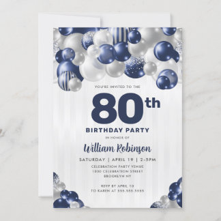 Modern Navy Blue Silver Glitzer Ballon Birthday Einladung