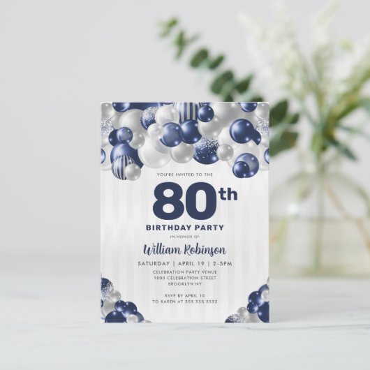 Modern Navy Blue Silver Glitzer Ballon Birthday Postkarte (Stehend Vorderseite)