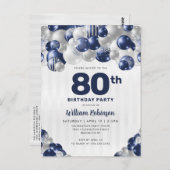 Modern Navy Blue Silver Glitzer Ballon Birthday Postkarte (Vorne/Hinten)