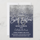 Modern Navy Blue Silver Glitzer Confetti Sweet 16 Einladung (Vorderseite)