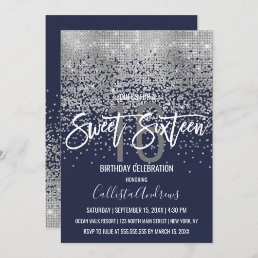 Modern Navy Blue Silver Glitzer Confetti Sweet 16 Einladung (Vorne/Hinten)