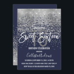 Modern Navy Blue Silver Glitzer Confetti Sweet 16 Einladung<br><div class="desc">Diese schicke und glamouröse Sweet 16 Invitation ist ein trendiges und modisches Design mit einem Imitat gedruckt gürlich funkelnd Silber-Glitzer-Sequin, abstrakt Konfetti ombre Farbverlauf auf einem marineblauen blauen Hintergrund. Es ist perfekt für das moderne und elegante Geburtstagsmädchen mit seinem hübschen und künstlerischen, weißen Pinselstrich und individueller Typografie. Passen Sie die...</div>