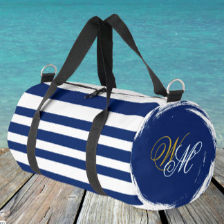 Modern Navy Blue Stripes Bag, Sailor, Travel Duffle Bag