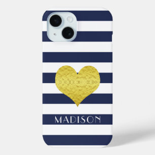 Modern Navy Blue Stripes Gold Herzname Case-Mate iPhone Hülle
