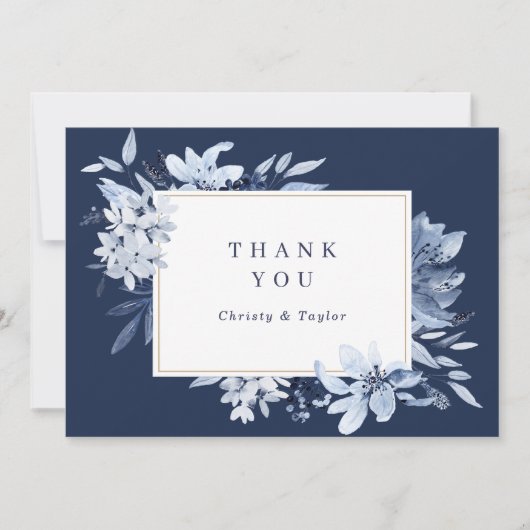 Modern Navy Blue Watercolor Floral Danke Karte (Vorderseite)