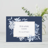 Modern Navy Blue Watercolor Floral Danke Karte (Stehend Vorderseite)