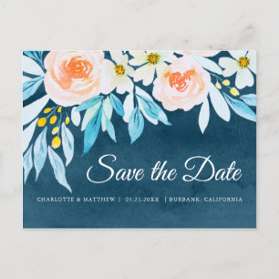 Modern Navy Blue Watercolor Floral Save the Date Ankündigungspostkarte