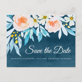 Modern Navy Blue Watercolor Floral Save the Date Ankündigungspostkarte