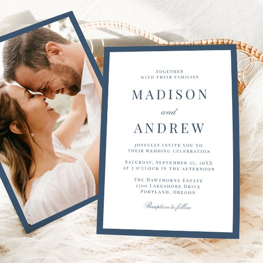 Modern Navy Border Photo Wedding Einladung