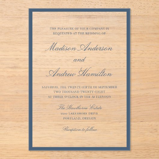 Modern Navy Border Wedding Acryleinladungen (Vorderseite)