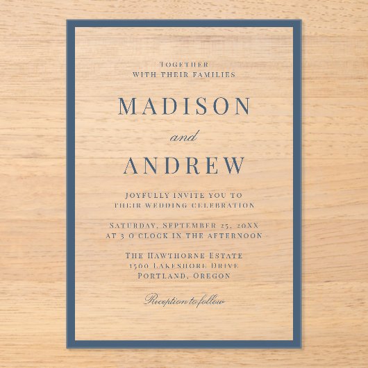Modern Navy Border Wedding Acryleinladungen (Vorderseite)