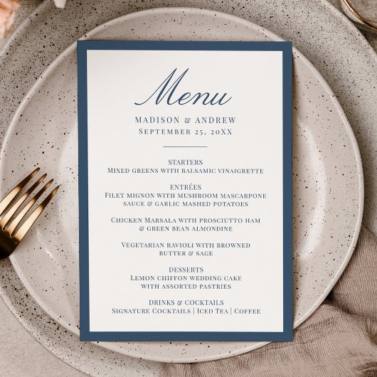 Modern Navy Border Wedding Menükarte