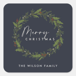 MODERN NAVY ELEGANT HOLLY BERRY WREATH CHRISTMAS QUADRATISCHER AUFKLEBER