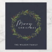 MODERN NAVY ELEGANT HOLLY BERRY WREATH CHRISTMAS WEINETIKETT (Einzelnes Label)